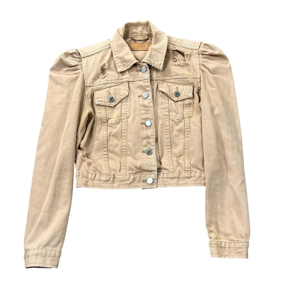 BLANKNYC Distressed Cropped Denim Jacket Women's Small Puff Sleeve Tan